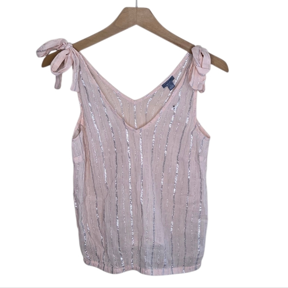 Aerie Light Pink Silver Metallic Stripe Tie Sleeve Semi-Sheer Tank Top Size XS